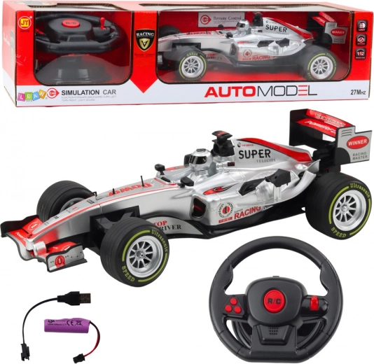 RC lenktyninis automobilis 1:12 su nuotoliniu valdymu, šviesomis ir garsais – sidabrinis
