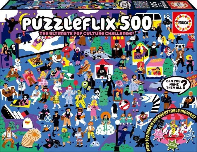 Educa Puzzleflix 500 dalių – kino iššūkis su 100 paslėptų nuorodų