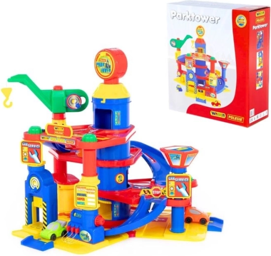 Park Tower multi-level parking garage with 4 floors and toy cars