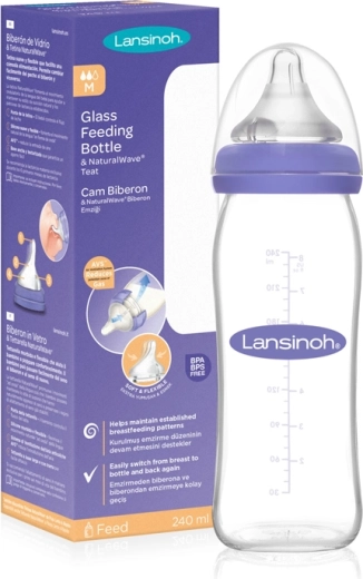 Lansinoh glass baby bottle with NaturalWave (M) teat 240 ml
