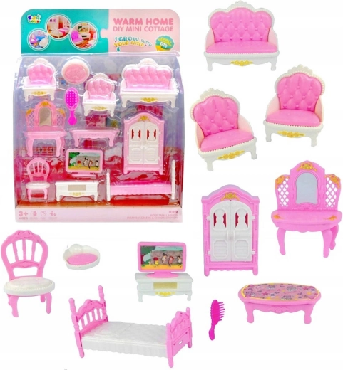 Pink-and-white dollhouse furniture - set of 12 pcs