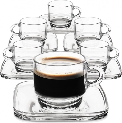 Stikliniai espresso puodeliai su kvadratinėmis lėkštutėmis 75 ml, 6 vnt. rinkinys