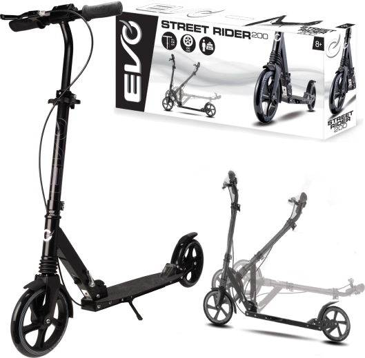 EVO Street Rider 200 sulankstomas miesto paspirtukas, juodas, su kojiniu ir rankiniu stabdžiu