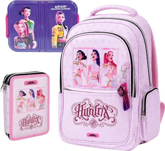 Akcinis mokyklinis rinkinys KPop Demon Hunters Huntrix – kuprinė, pilnai sukomplektuotas penalas ir priešpiečių dėžutė