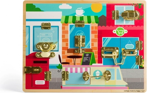 Bigjigs Toys medinė motorinė lenta su skląsčiais ir spynelėmis