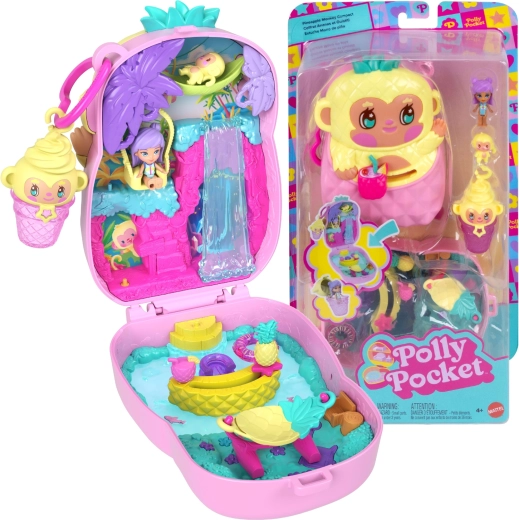 Polly Pocket ananasinė beždžionėlė – kompaktiškas žaidimų rinkinys su figūrėlėmis ir priedais