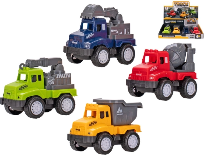 Statybiniai automobiliai su atbulinės eigos (pull-back) mechanizmu 9–10 cm, 4 rūšių rinkinys