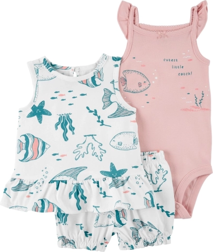 Carter's 3 dalių rinkinys „Pink ocean“ mergaitėms (marškinėliai be rankovių, šortai, smėlinukas) – 9m