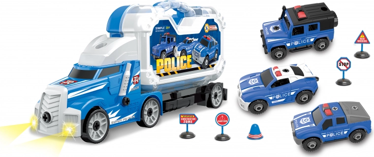 Policijos sunkvežimis su 3 surenkamais automobiliais, su šviesos ir garso efektais, 42 cm