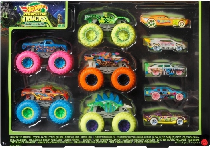Rinkinys HOT WHEELS MONSTER TRUCKS 1:64 šviečiantys tamsoje, 10 vnt.