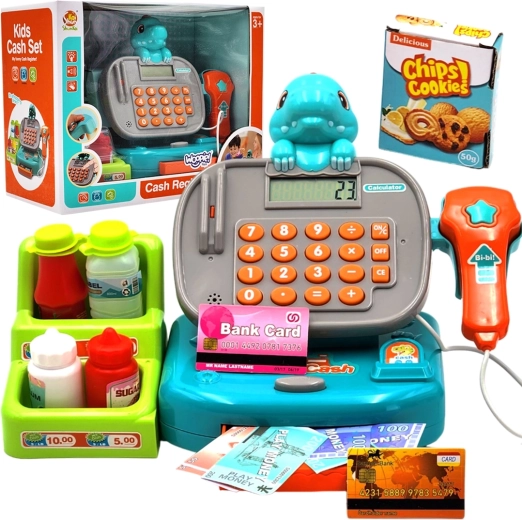 Woopie kids’ cash register with shelf Dino – blue