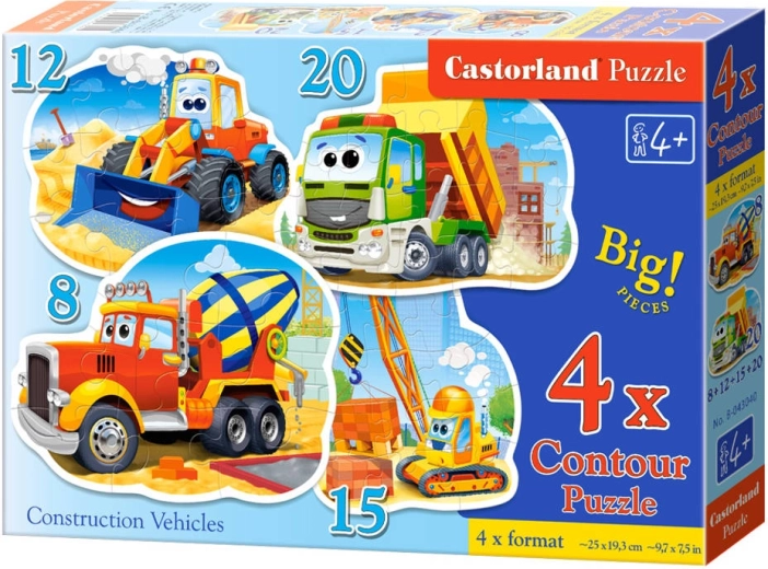 4-in-1 Puzzle, 8, 12, 15, and 20 Pieces, Construction Vehicles