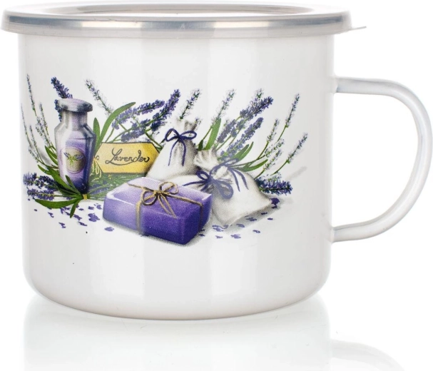 Emaliuotas puodelis Lavender 0,9 l su plastikiniu dangteliu