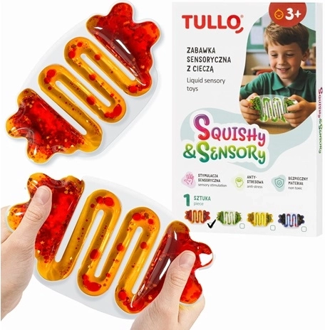 Sensorinis gniuždomas kamuoliukas su skysčiu ir blizgučiais – oranžinis