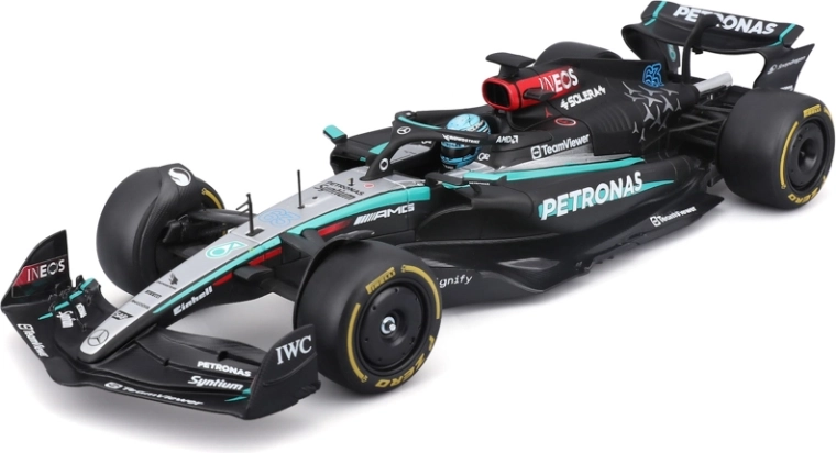 Bburago F1 modelis Mercedes‑AMG Petronas W15 2024 George Russell #63 1:24 akriliniame dėkle