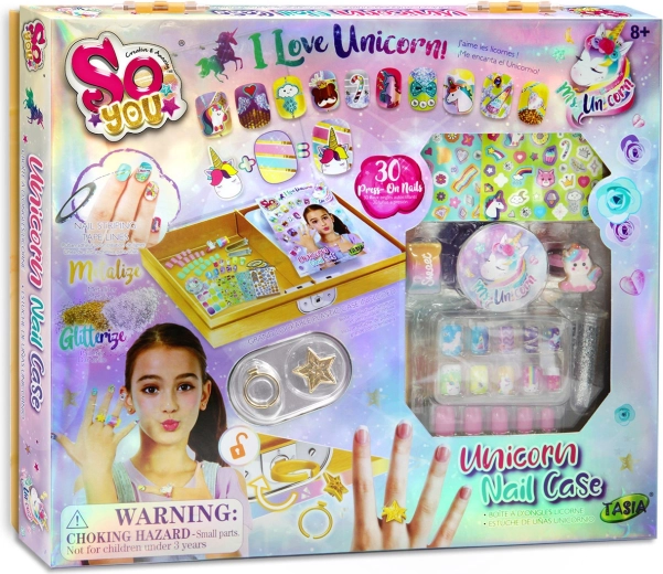 Tasia set of stick-on nails with unicorn and glitter, 30 pcs