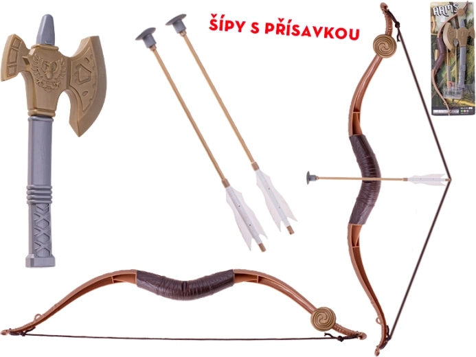 Vaikiškas 57 cm lankas su dviem strėlėmis su siurbtukais ir plastikiniu kirviu