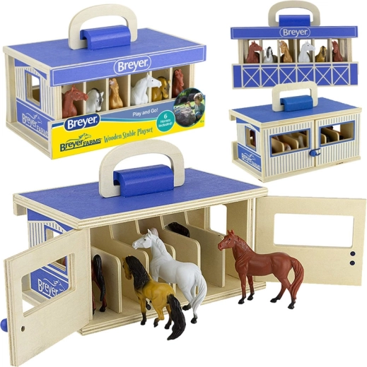 Breyer Stablemates Farms medinė nešiojama arklidė su 6 arkliais