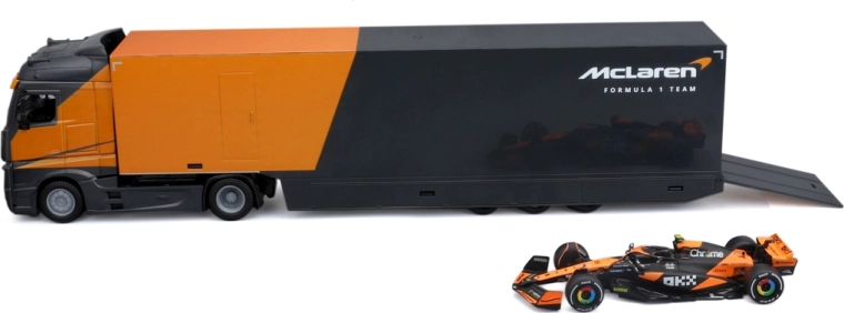 Bburago Racing Hauler tractor with trailer and Formula 1 McLaren MCL38 2024 Lando Norris 1:43
