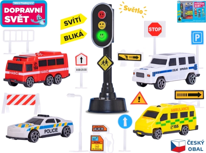 Automobiliukų rinkinys su kelio ženklais ir šviesoforu su šviesa, 4 vnt.