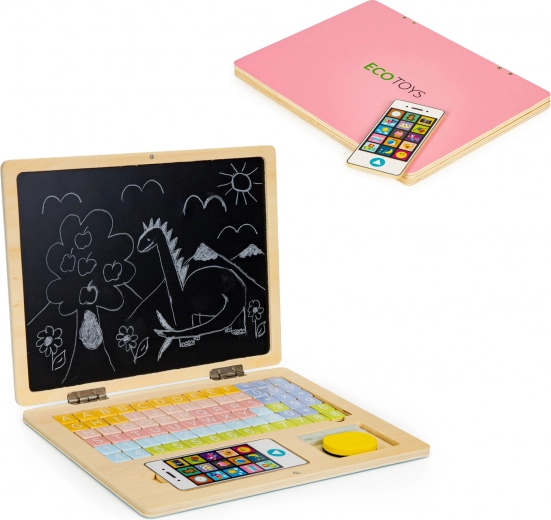 Medinis magnetinis edukacinis nešiojamasis kompiuteris su telefonu ir raidėmis ECO TOYS