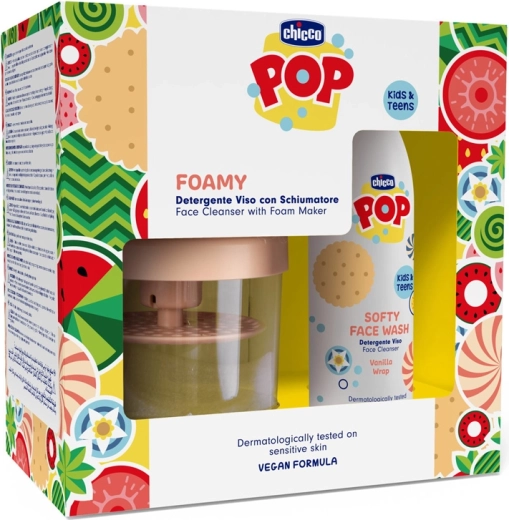 Chicco POP Softy švelnus veido prausiamasis valomasis gelis Vanilla Wrap 150 ml su putų formavimo indu