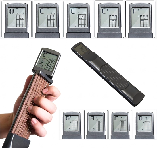 LCD ekranas su akordais ir treniruočių režimais