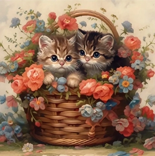 Paint by Numbers Cats in a Basket with Flowers 40 × 50 cm