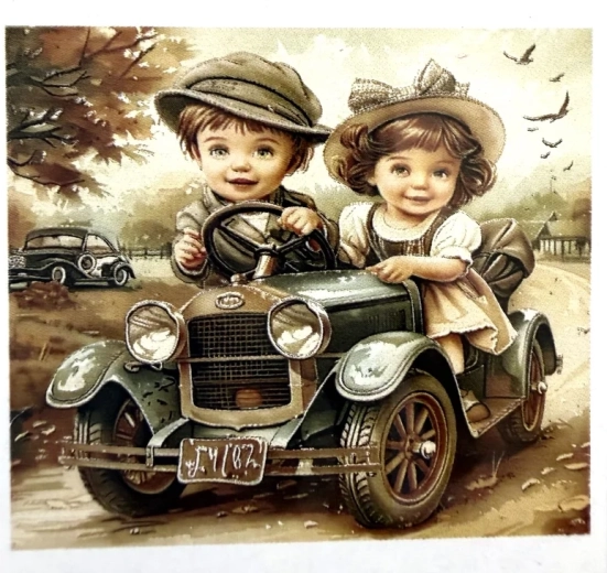 Norimpex deimantinė tapyba „Vaikai senoviniame automobilyje“ 30 × 40 cm