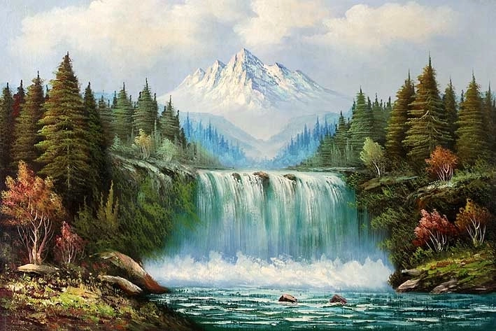 Deimantinė mozaika „Kraštovaizdis su kriokliu ir kalnu“ 30 × 40 cm