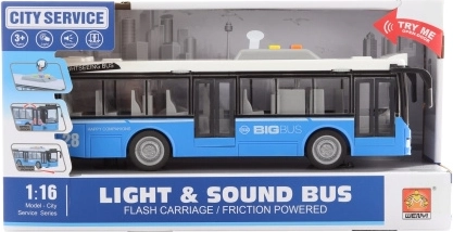 Mėlynas miesto autobusas su šviesomis ir garsais