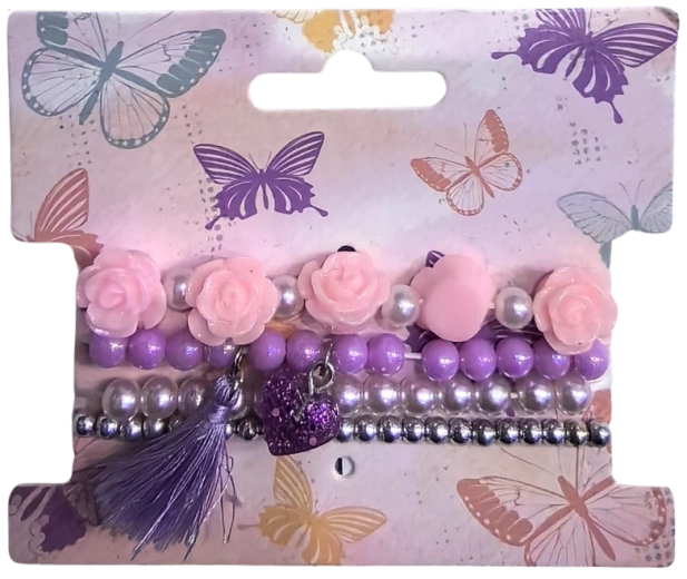 Pink karoliukų apyrankių rinkinys su gėlėmis, 4 vnt.
