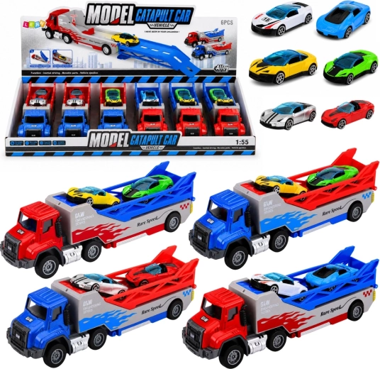 Truck with ramp – car transporter with launcher and 2 toy cars 1:55