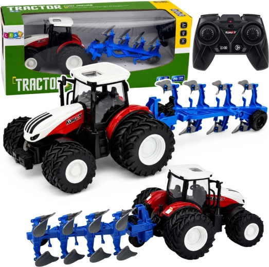 RC ūkininko traktorius su daugiaeiliu plūgu 1:24 (2,4 GHz), raudonas