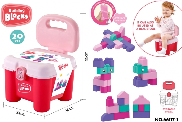 Minkštų konstruktoriaus kaladėlių rinkinys su laikymo kėdute – rožinis