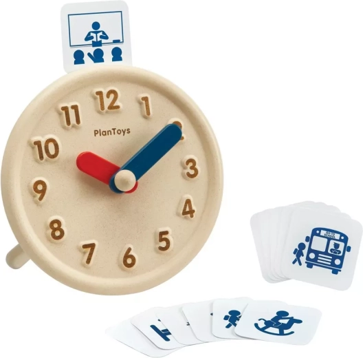 PlanToys medinis mokomasis laikrodis su veiklų kortelėmis