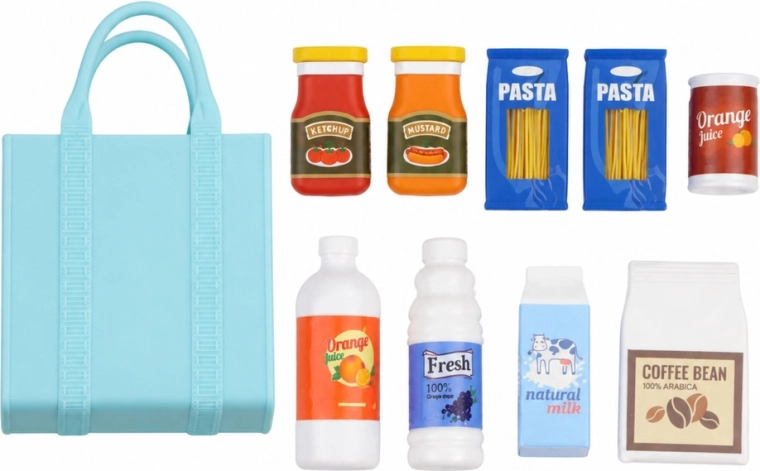 Mini maisto produktai ir pirkinių krepšys žaidimui apsipirkti