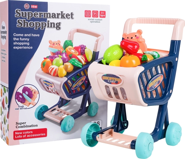 Children’s shopping cart with groceries and accessories, blue