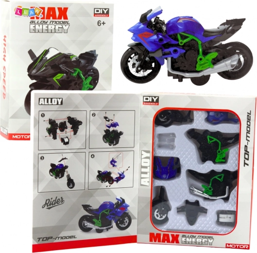 Metalinis DIY motociklo modelis 1:14, žaliai–mėlynas