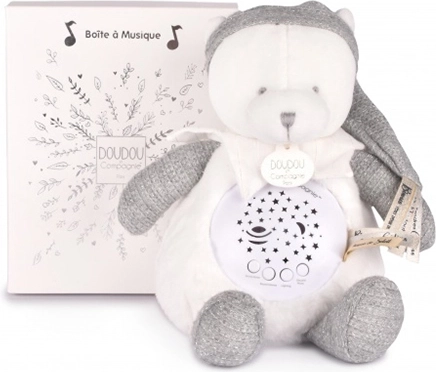 Doudou et Compagnie muzikinė naktinė lemputė su žvaigždžių projekcija, pilkas meškiukas – dovanų rinkinys