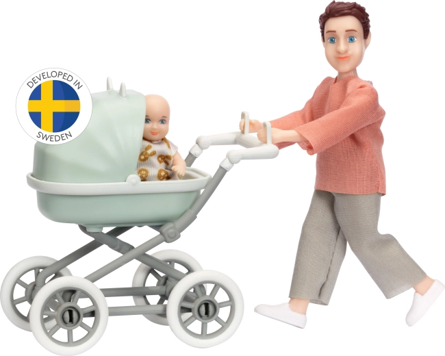 Lundby rinkinys: tėtis su kūdikiu ir vežimėliu