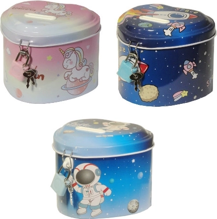 Kids’ heart-shaped piggy bank with a space theme