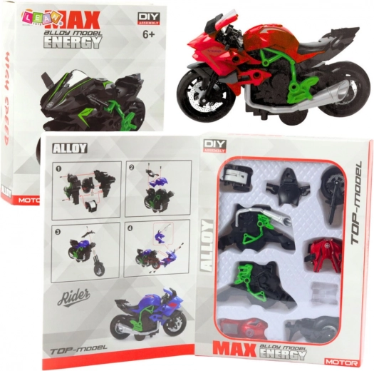 Motociklas surinkimui 1:14 žaliai–raudonas DIY metalinis modelis
