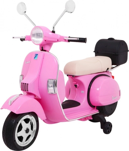 Elektrinis vaikiškas „Vespa“ paspirtukas rožinis su pagalbiniais ratukais