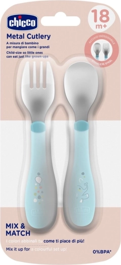 Chicco nerūdijančio plieno šaukštelis ir šakutė, teal, nuo 18 mėn.