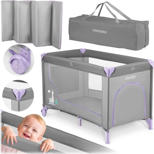 Tourist travel cot RK-240 with mattress and bag 125 × 65 × 78 cm grey-lavender