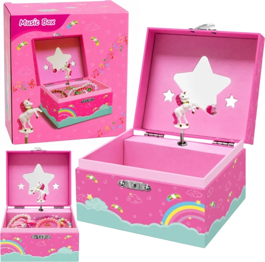 Pink jewelry box with music box and a rotating unicorn
