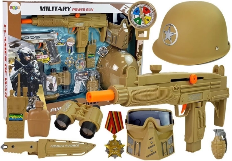 Military set for kids with helmet, mask, pistols and sound grenade