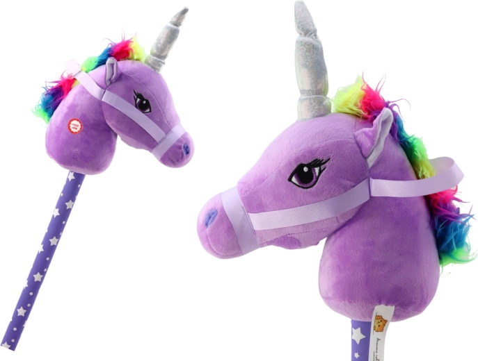Pliušinis hobby horse vienaragis ant lazdos, violetinis, su garsais