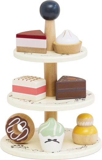 Le Toy Van wooden three-tier dessert stand with desserts